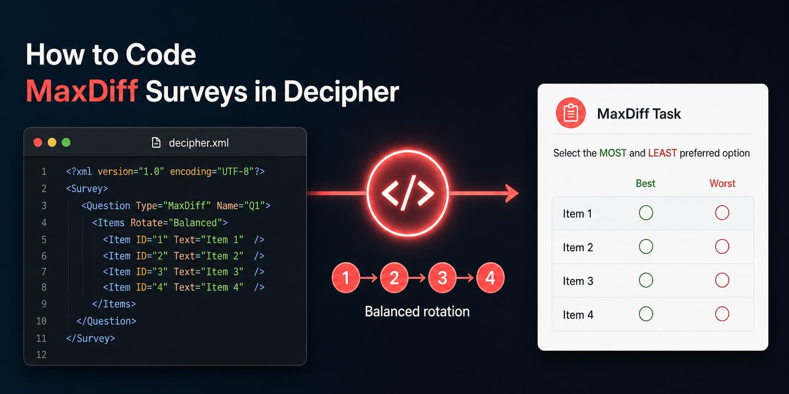Decipher MaxDiff survey programming — XML loop structure with best-worst scaling grid
